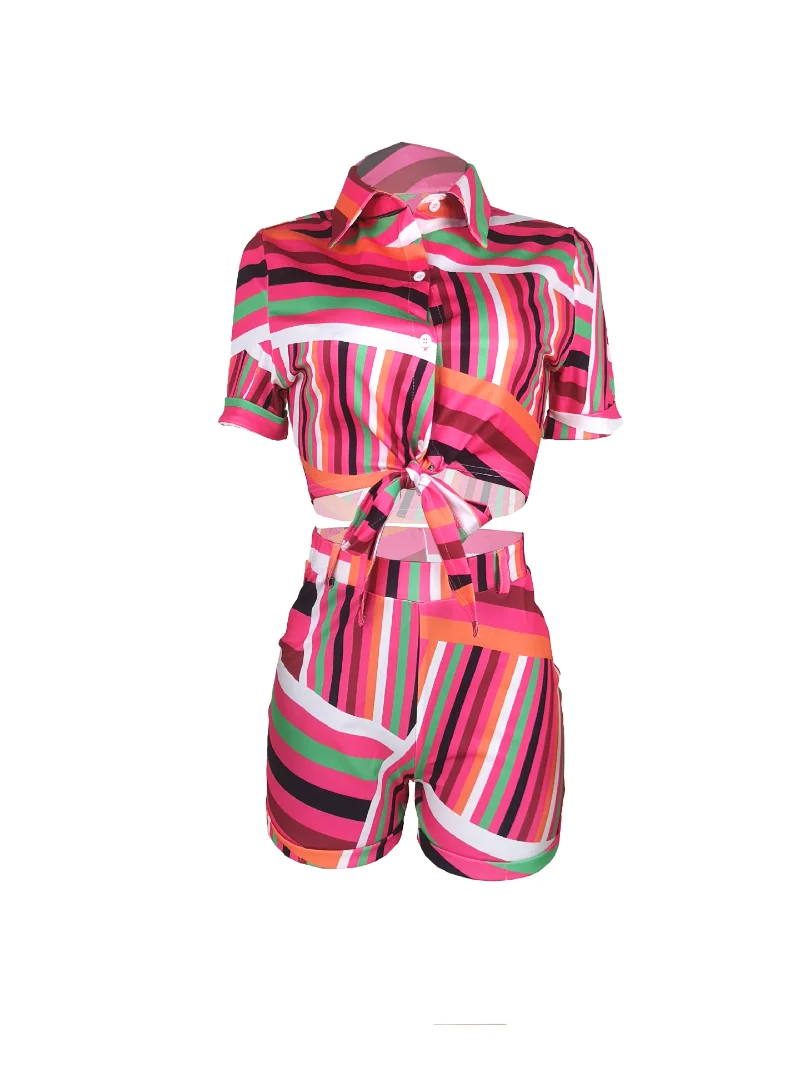 Description Picture 6 of itemColorful Stripe Print Two Piece Set Women Short Sleeve Lace Up Crop Shirts Top Elastic High Waist Shorts Summer Casual Suits