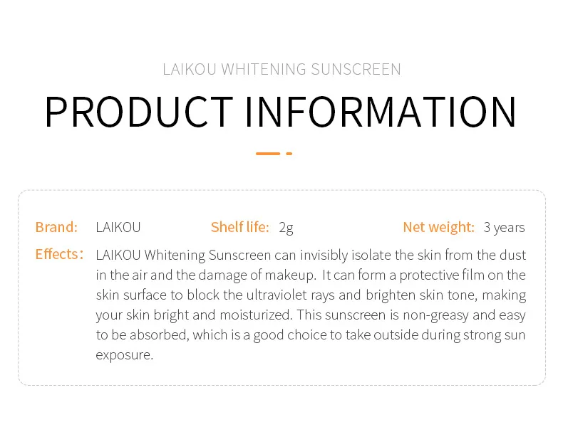 Description Picture 4 of item7pcs LAIKOU Facial Body Sunscreen Protector Facial Solar Sun Whitening Sun Cream Anti-Aging Oil-control Moisturizing SPF50+ PA+