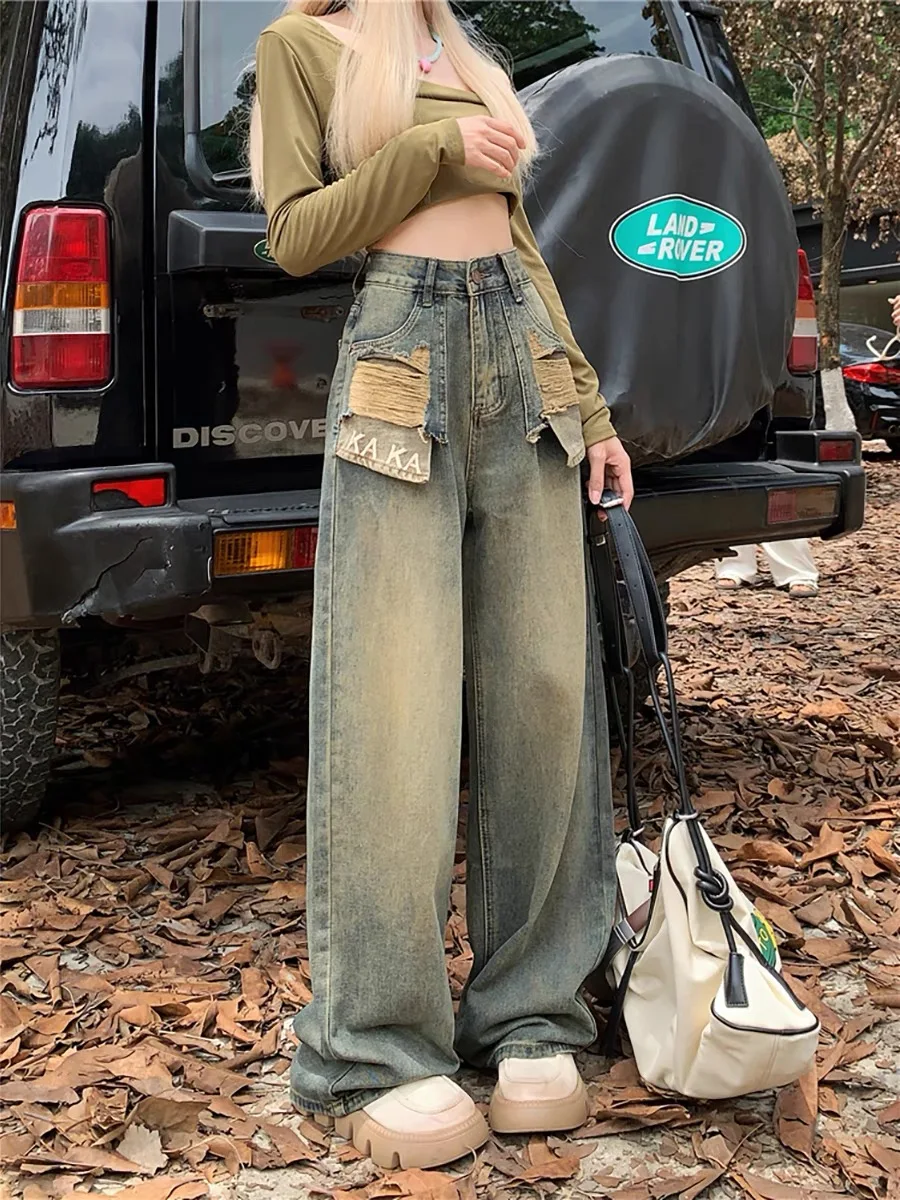 Description Picture 4 of itemJielur Vintage Holes Irregular Slim Women's Jeans Chic Pockets High Waist Loose Fashion Female Streetwear Y2k Wide Leg Pants