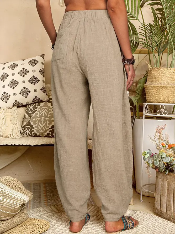 Description Picture 5 of item2022 Women's New Solid Color Loose Cotton Linen Casual Pants Home Harem Trousers Pocket Stitching Trousers Streetwear Women