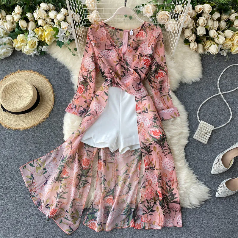 Description Picture 6 of itemLY VAREY LIN 2022 New Autumn Women Casual Two Piece Set Long Sleeve V Neck Asymmetrical Chiffon Shirt White Shorts Ladies Sets