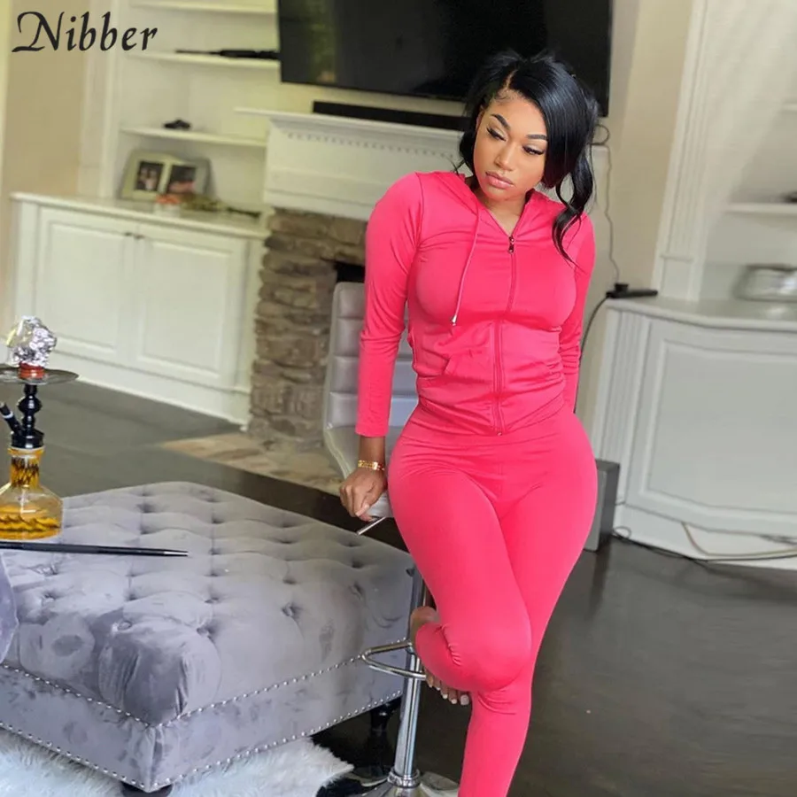 Description Picture 3 of itemNibber Sporty Casual Long Sleeve Hooded Zipper Solid two pieces set women Autumn Workout Skinny Top And Pants Matching Set mujer