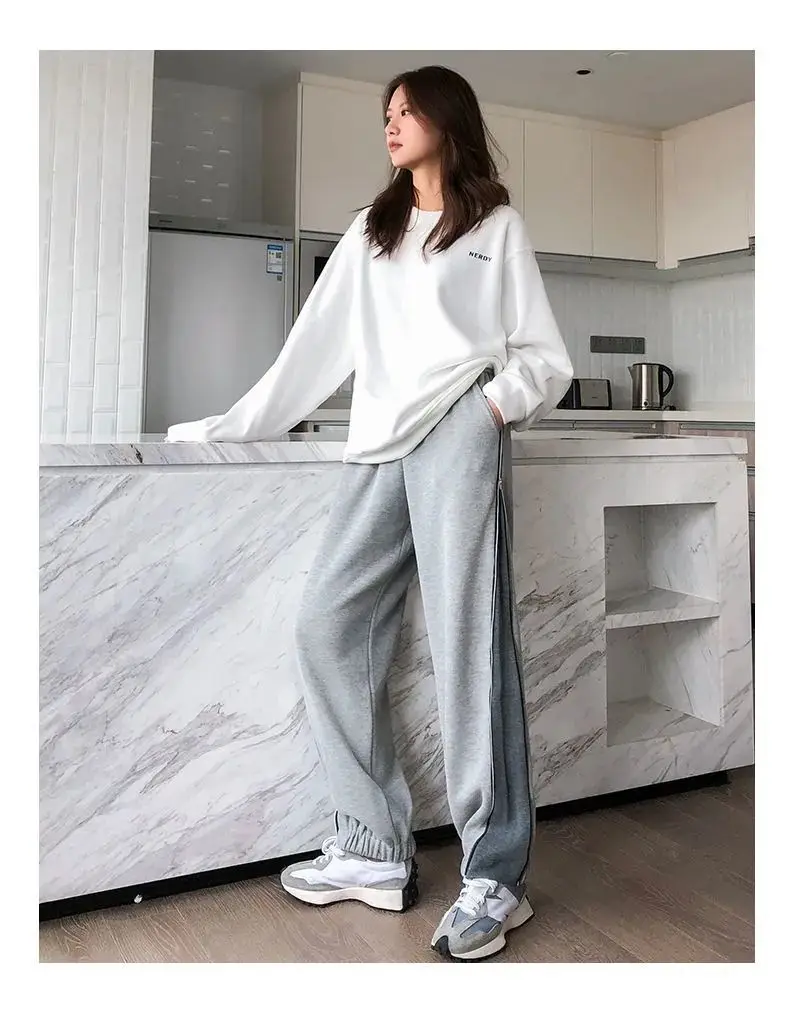 Description Picture 2 of itemHOUZHOU Women Sweatpants Baggy Gray Joggers Korean Style Casual Streetwear Wide Leg Zipper Sports Trousers Female Winter Pants