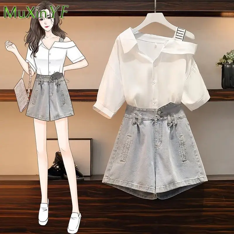 Women's Summer Suits Korean Elegant Off-the-Shoulder Tops Loose Jeans Two Pieces 2022 New Oversized Shirts Denim Shorts Set