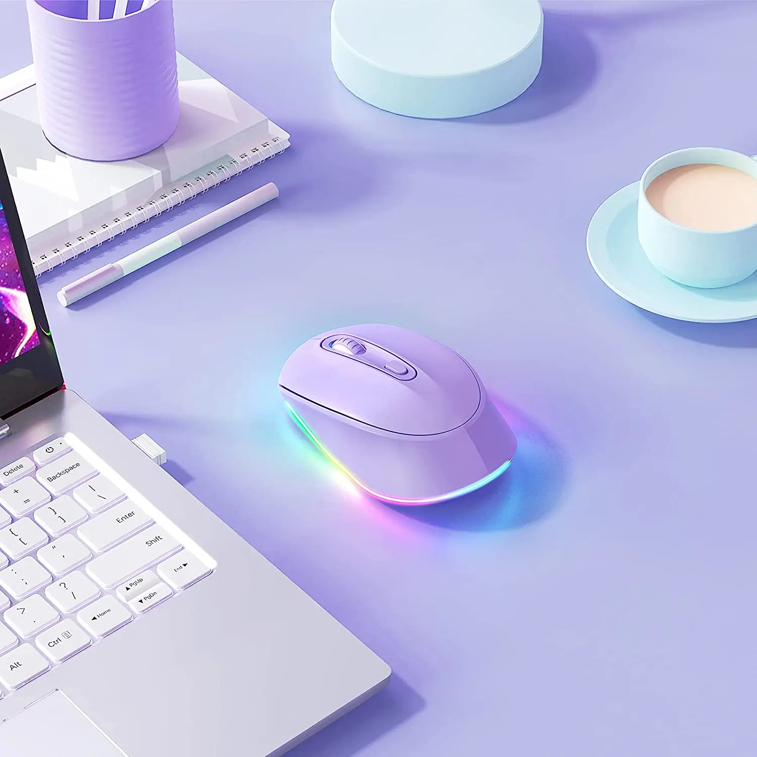 Description Picture 5 of itemBOW Purple Wireless Mouse Rechargeable Mouse for Laptop Small Cordless Mice Quiet Click LED Rainbow Lights for Computer