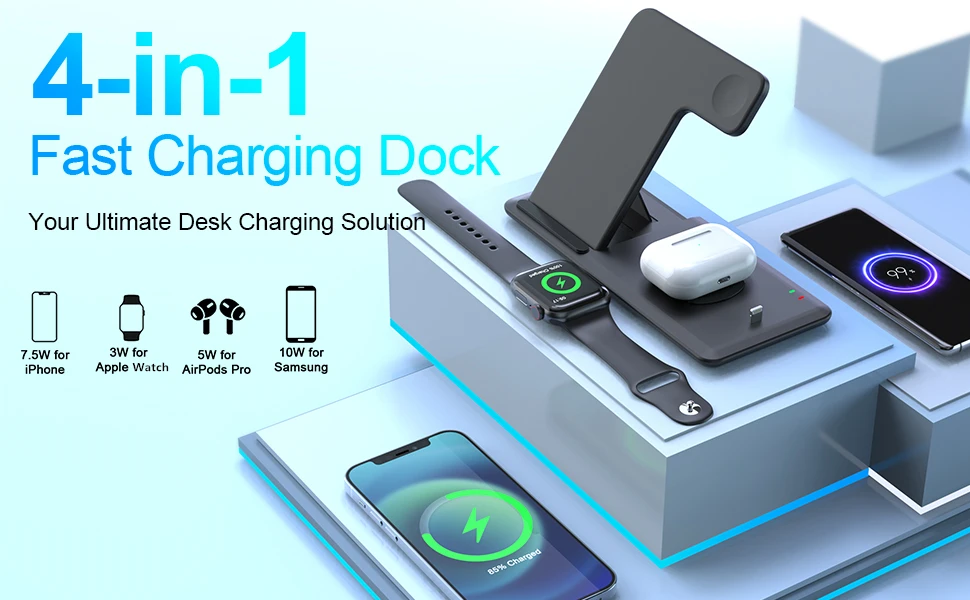 Description Picture 2 of item15W Wireless Charger 4 in 1 Fast Charging Station for Apple Watch 7 6 5 iPhone 14 13 12 11 XS MAX XR X 8 Airpods 3 Pro Stand Pad