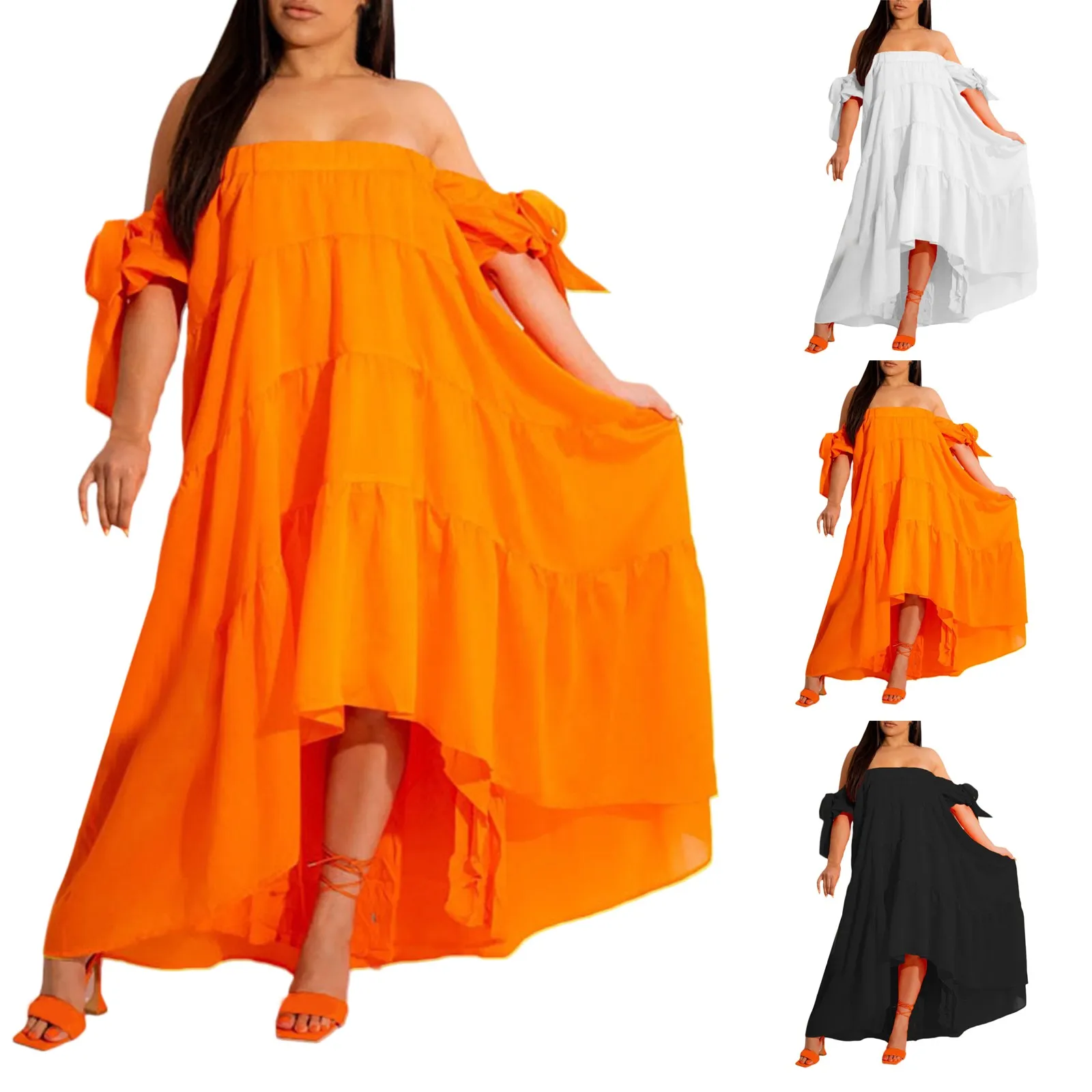 Description Picture 2 of item2023 New Arrival Women Summer Dresses Sexy Off Shoulder Large Swing Dress Loose Size Casual Irregular Hem Flowy Long Dresses