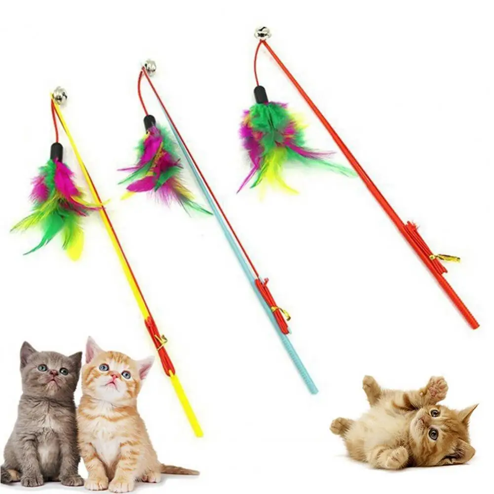 Cat Toys Interactive Funny Multicolor Color Feather Bells Cat Stick Pet Replacement Head Retractable Cat Stick Teaser Exercise
