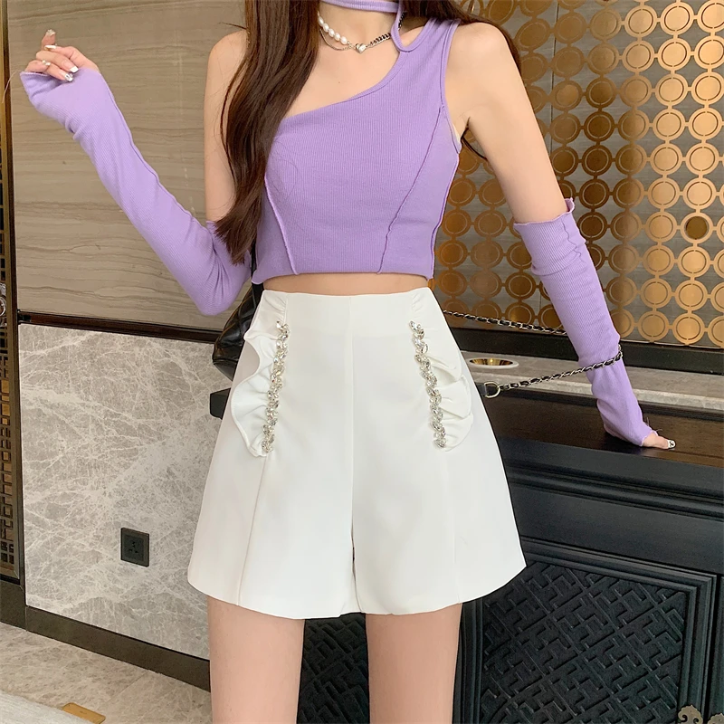 Description Picture 5 of item2023 Suit Shorts Women's Spring Summer Autumn Diamond-encrusted High-waisted Design Sense Niche A-line Thin Wide-leg Pants