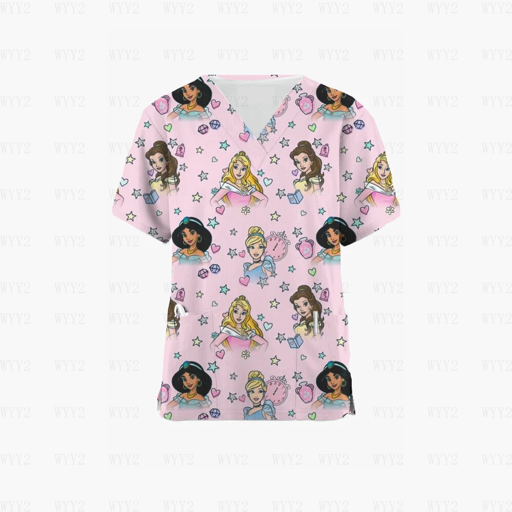 Description Picture 6 of item2023 V Neck Scrub Princess Tops Cartoon 3D Nurse Uniform Medical Uniform Ladies Print Cut Pet Shop Work Uniform Shirt