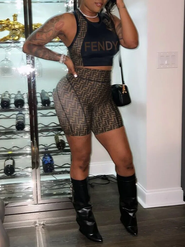 Description Picture 3 of itemSummer Sexy Suit Women's Two-piece Letter Print Tank Top + Shorts Outdoor Sports Apparel Fitness Running Cycling Casual Suit