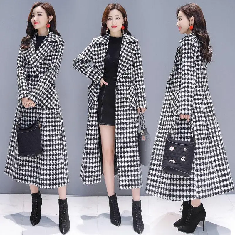 Description Picture 5 of item2023 Fashion Spring Plaid Woolen Jacket Ladies Clothing Elegant Slim Temperament Long Outwear Windproof Women Windbreaker Coats