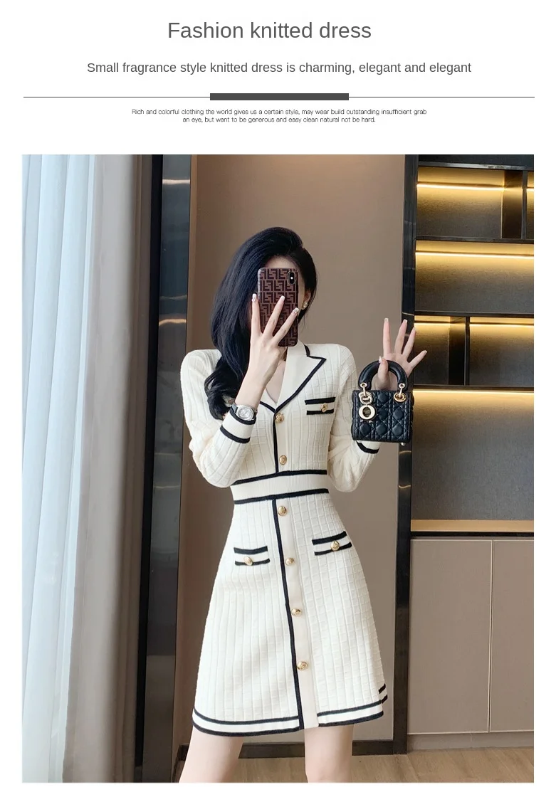 Description Picture 3 of itemWhite Dress Little Fragrance Temperament Celebrity Waist A Sweater Knitted Contrast Color Long Sleeve Slim Fit V-Neck Dress