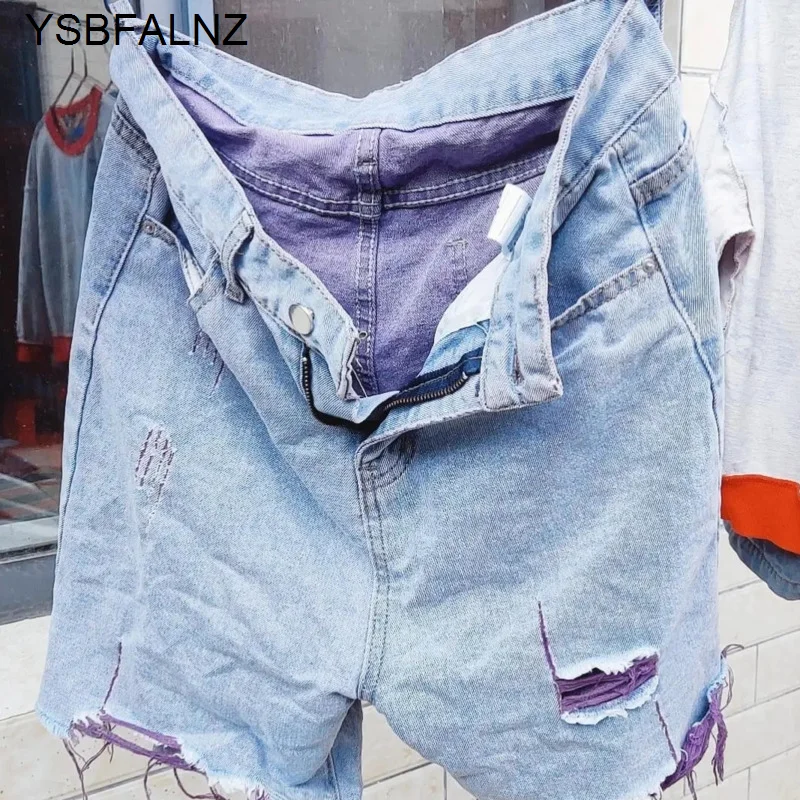 Summer Women New Trend Green Color Contrast Jeans Short Pants Lady Fashion Thin High-waist Denim Shorts Straight Streetwear Pink