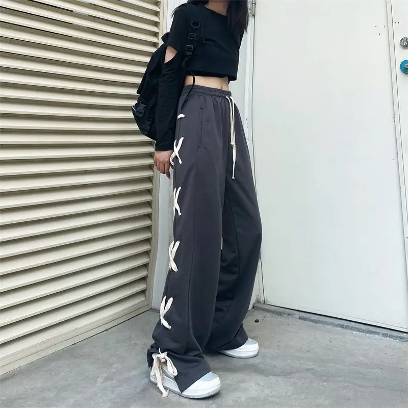 Description Picture 6 of itemY2k Vintage Women Grey Pants Korean New Fashion Streetwear Elastic Waist Loose Casual Harajuku Sports Straight Wide Leg Trousers