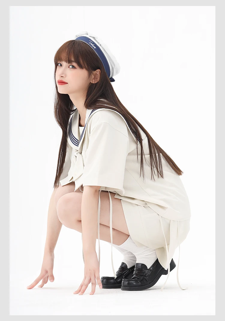 Description Picture 5 of itemADAgirl Japan Kawaii Navy Sailor Collar Shirt Women Lolita Style Blouse with Bow Half Short Leeve Button Up Tops Summer Clothes