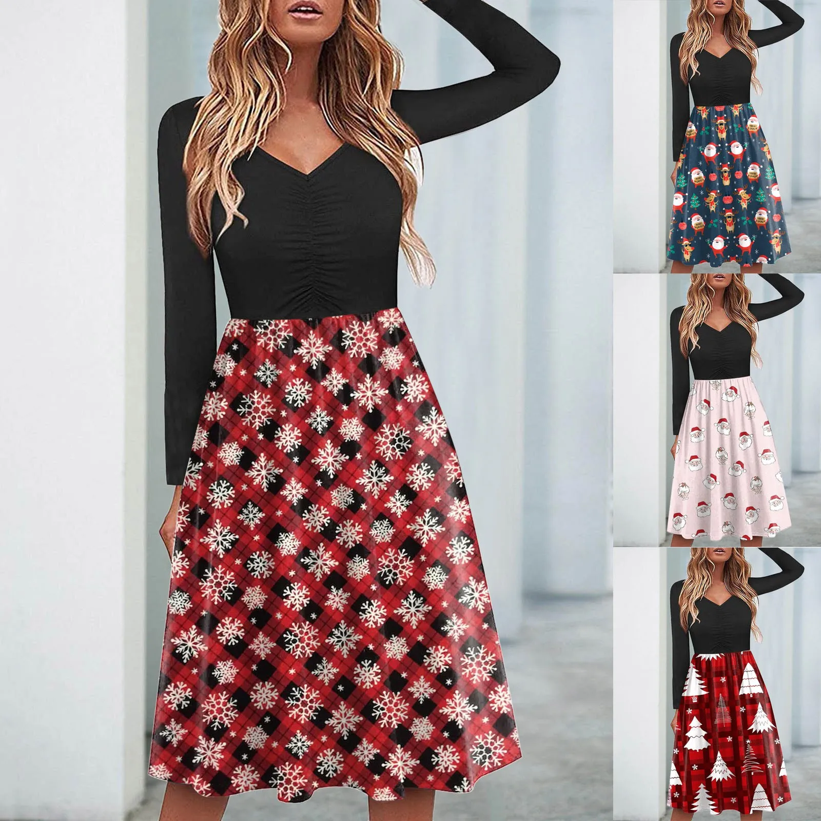 Description Picture 2 of itemElegant Dresses For Women Solid Long Sleeved V Neck Knee Length Dress Slim Holiday Tour Women'S Evening Dress Woman Clothing