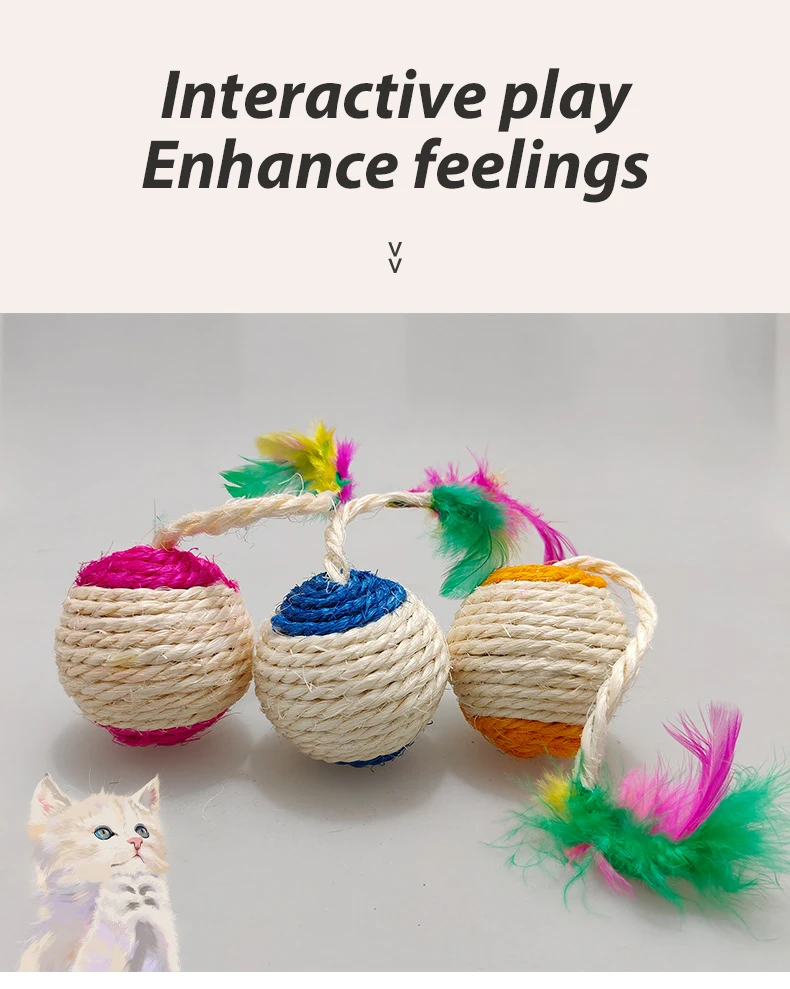 Description Picture 5 of item1 Pc Random Color Sisal Interactive Ball Cat Toy Pet Supplies Feather Cat Training Catcher Cat Accessories Random Color Toy Ball