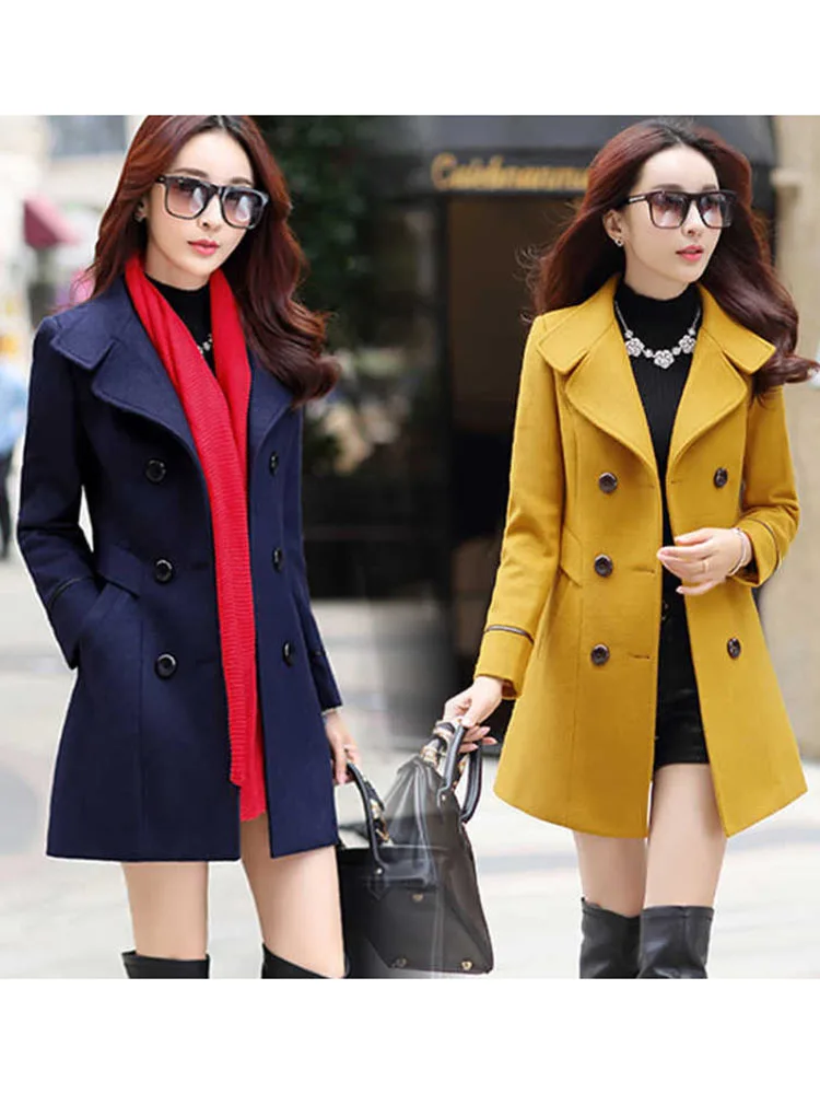 Autumn Winter Plus Size Jacket Womens Double Breasted Solid Color Coat Korean Slim Female Woolen Jacket Womens