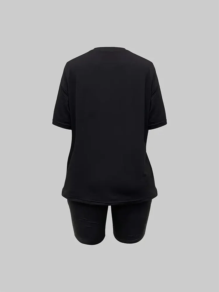 Description Picture 3 of itemPrinted casual two-piece set, round neck short sleeved T-shirt and slim fitting bicycle shorts set, women's clothing