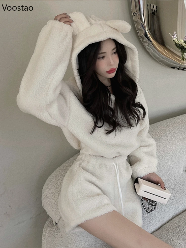 Description Picture 5 of itemAutumn Winter Women Kawaii Shorts Set Soft Plush Bear Ears Hooded Sweatshirt High Waist Shorts Suit Girls Hoodies 2 Piece Sets