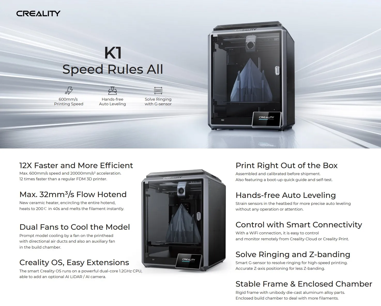 Description Picture 2 of item【Black Friday】CREALITY NEW K1 /K1 MAX Speedy 3D Printer Print Speed 600mm/s Print Volume 220*220*250mm / 300*300*300mm