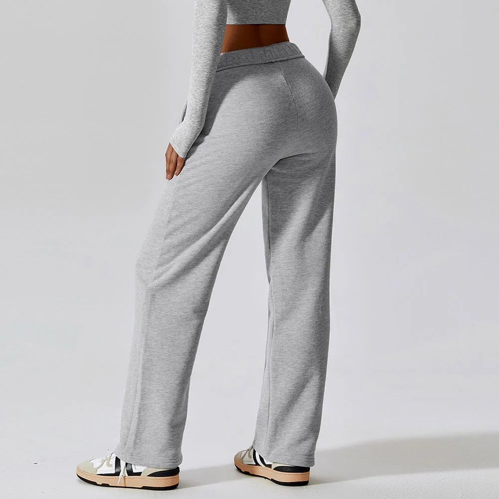 Autumn Joggers Sweatpants Fleece Thicken Straight Wide Leg Pants Women Vintage Solid Casual Soft Trousers Streetwear 2023