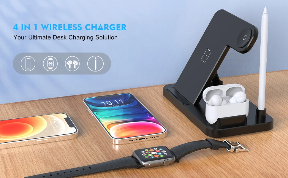 Description Picture 2 of item4 In 1 Wireless Charger Stand for IPhone 14 13 12 11 XS XR X Apple Watch 8 Fast Charging Dock Station For Airpods iWatch Pencil