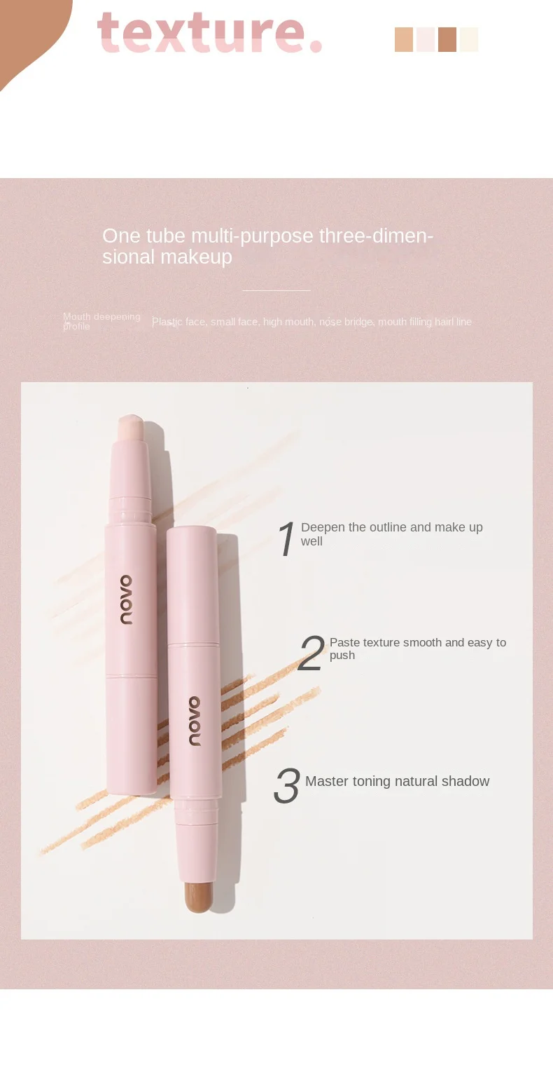 Description Picture 6 of itemNOVO Double Headed Highlight Repair Stick Brighten Face Shadow Contouring Bronzer Concealer Highlighter Pen 3D Makeup Corrector