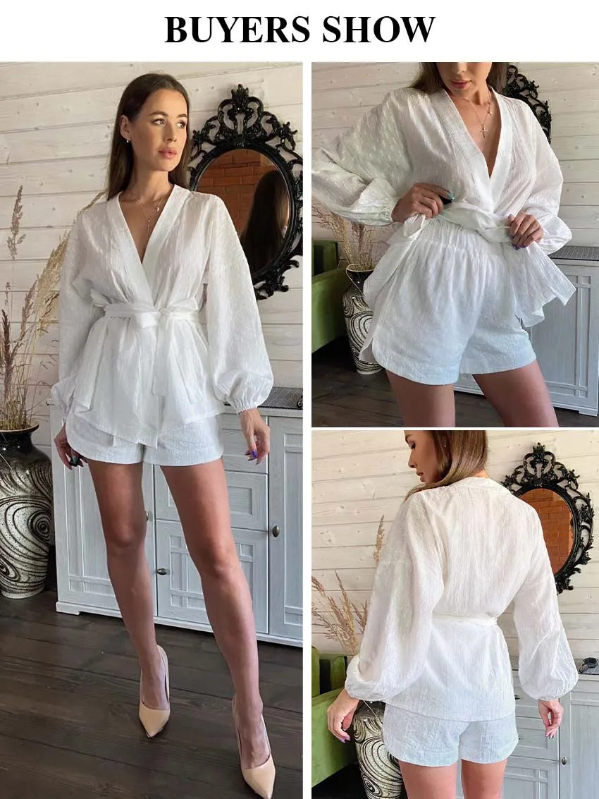 Description Picture 3 of itemClacive Fashion Long Sleeve Robes Top Two Piece Sets Womens Outifits Autumn Casual White Home Suit Elegant Shorts Women'S Sets