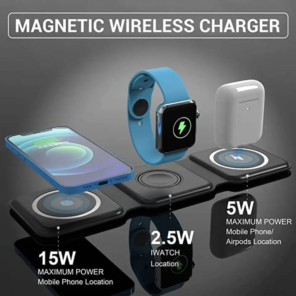 Description Picture 2 of item15W 3 in 1 Foldable Magnetic Wireless Charger for iPhone 15 14 13 12 11 8 XR Fast Charging Dock Station For iWatch 8 Airpods Pro