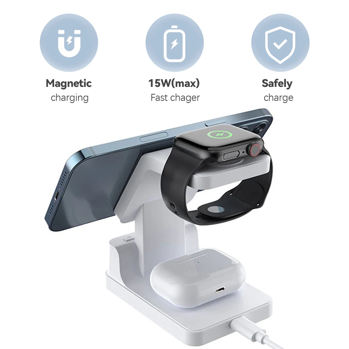 Description Picture 6 of itemThe new 15W 3-in-1 magnetic wireless Apple Watch AirPods LED digital alarm charging stand is suitable for iPhone15 14 13 12