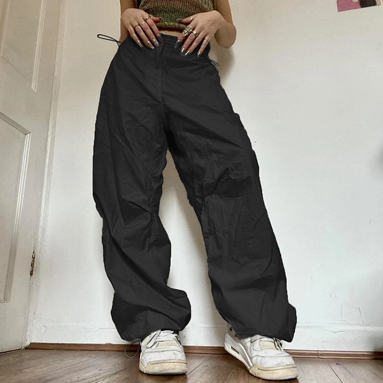 Description Picture 5 of itemWomen Y2K Cargo Pants Casual Joggers Oversized Solid Sweatpants Drawstring Wide Leg Baggy Trousers Loose Streetwear Tech Pant