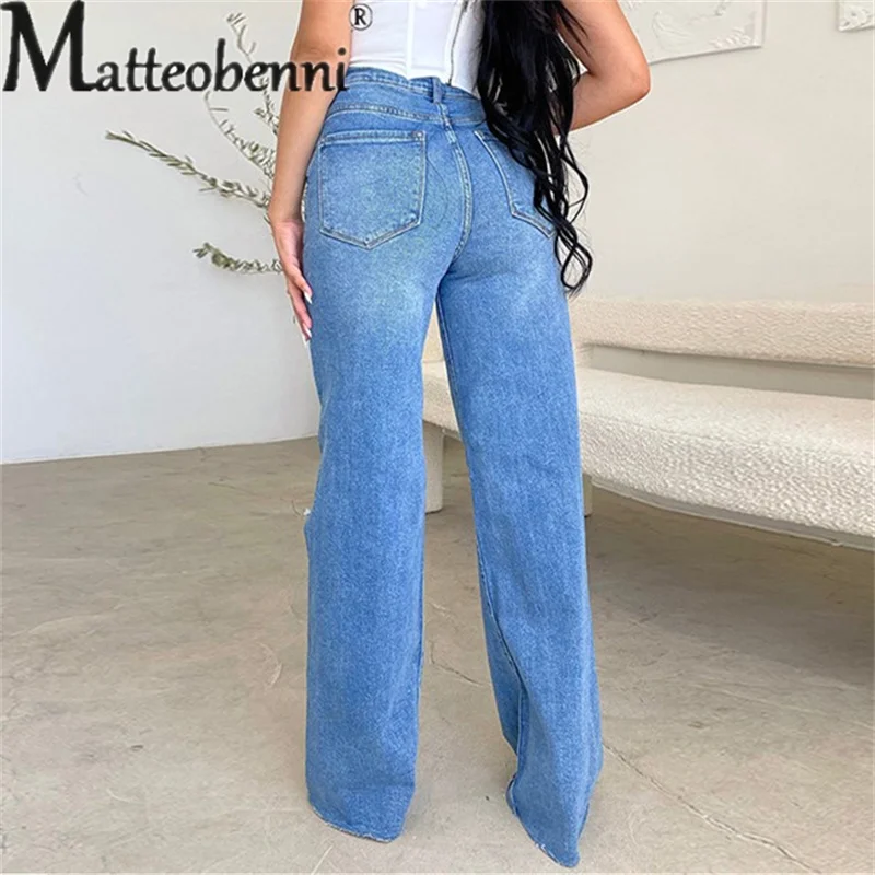 Description Picture 3 of itemFashion High Waist Street Versatile Jeans Women's Straight Wide Leg Denim Pants Female Daily Casual Basic Broken Holes Trousers