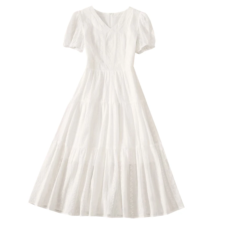 Description Picture 2 of itemFrench White Long Dress For Woman Summer Bohemia Slim Beach Maxi Dress Short Sleeve V Neck Elegant Female Dresses Office Holiday