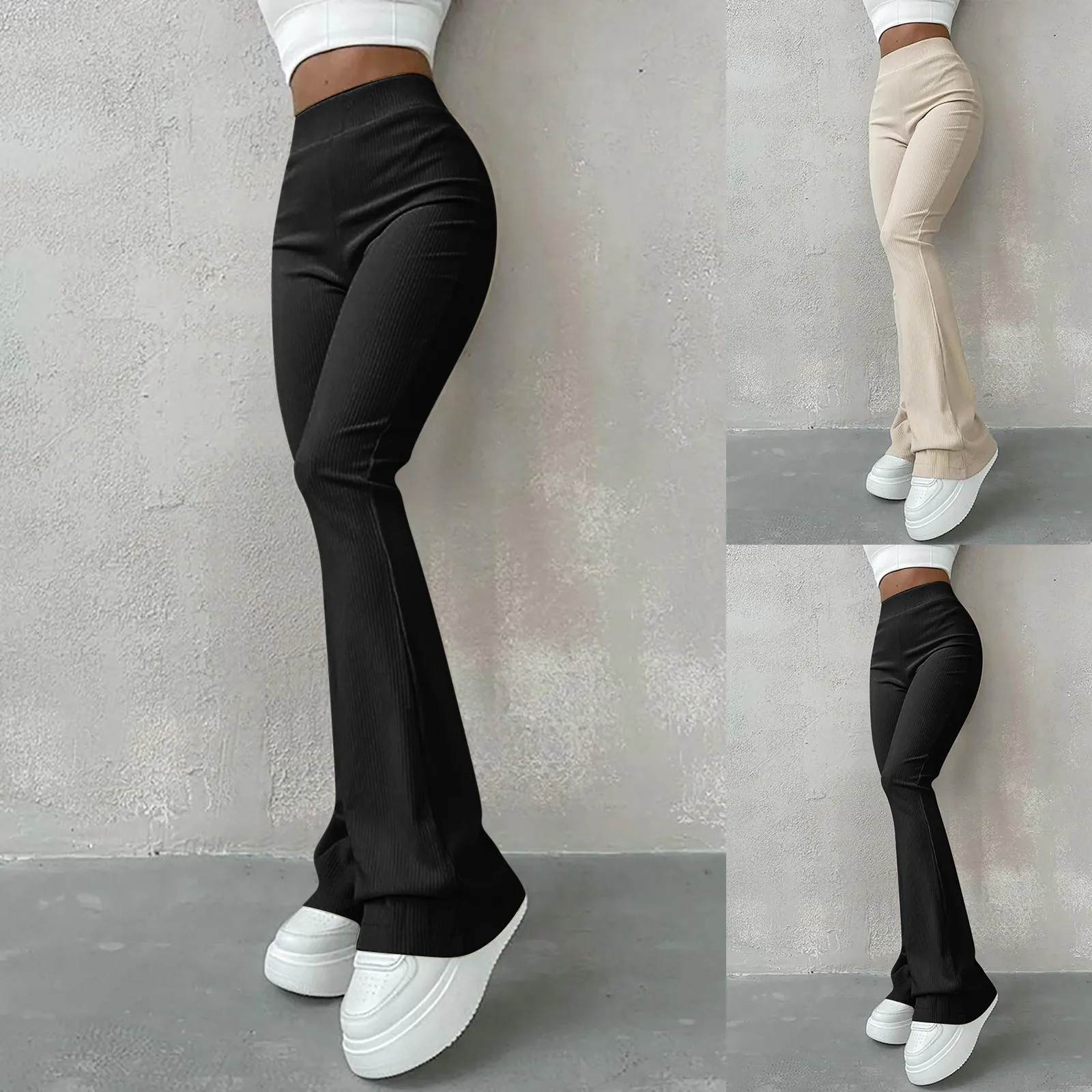 Description Picture 2 of itemElegant Knitted Flare Pants Streetwear Women Leggings Solid Black V-Shaped High Waist Elasticity Trousers Slimming Stretch Pants