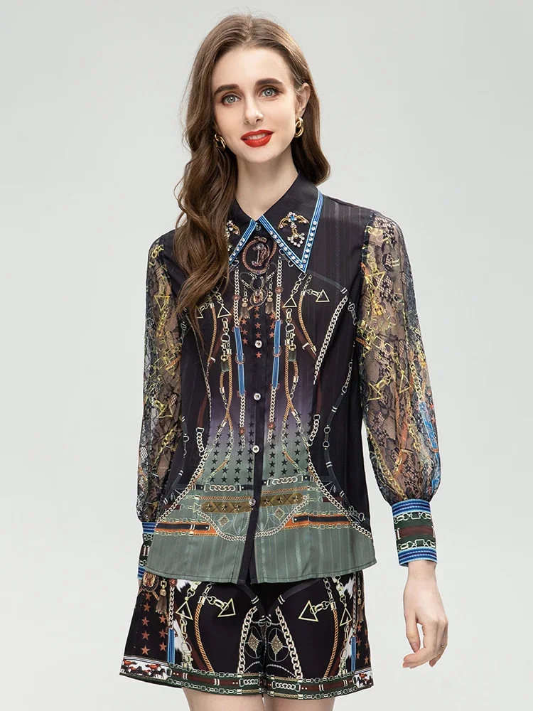 Description Picture 4 of itemMARYYIMEI Fashion Designer Summer Women's Turn-down Collar Lace Long Sleeve Printing Single Breasted Two Pieces Set