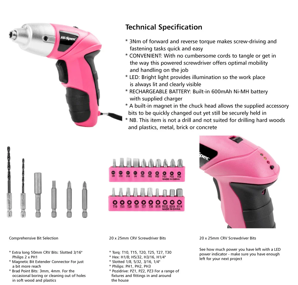 Description Picture 4 of itemHi-Spec Pink 4.8V Cordless Electric Screwdriver Wireless Cordless Drill Driver Battery Screwdriver Gun Power Tool with LED Light