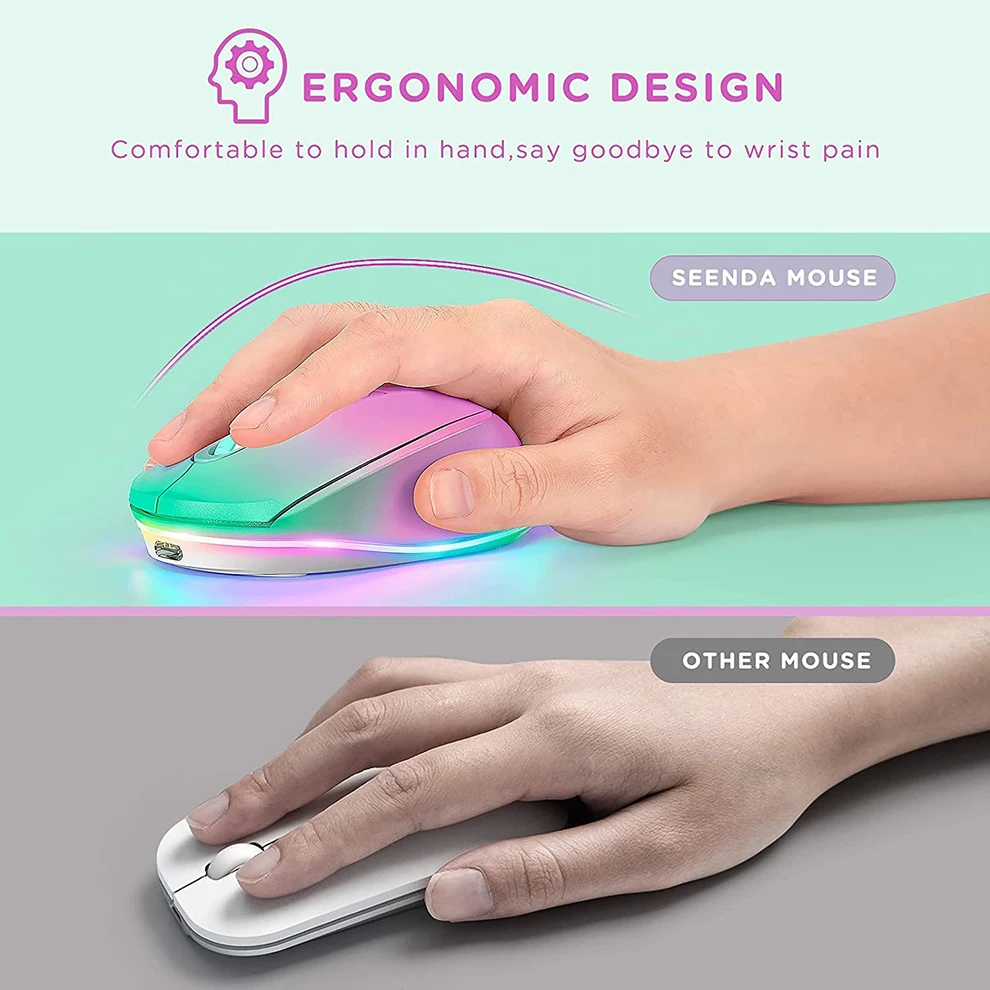 Description Picture 6 of itemBOW Purple Wireless Mouse Rechargeable Mouse for Laptop Small Cordless Mice Quiet Click LED Rainbow Lights for Computer