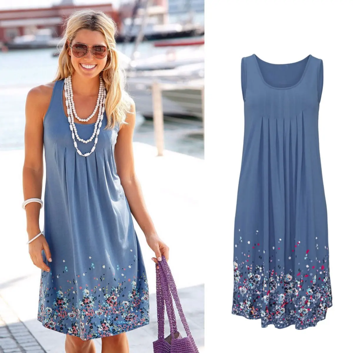 Description Picture 3 of itemNew Summer Fashion Printing Women Dress Casual Sleeveless V Neck Spaghettis Straps Large Size Loose Empire Ladies Dress