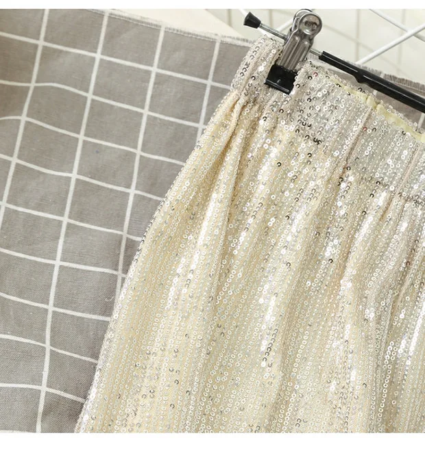 Description Picture 6 of itemSidaimi Silver Full Sequined 2022 Women Wide Leg Pant Elastic Waist Bling Luxury Chic Capris Casual Gold Long Pant Female Club