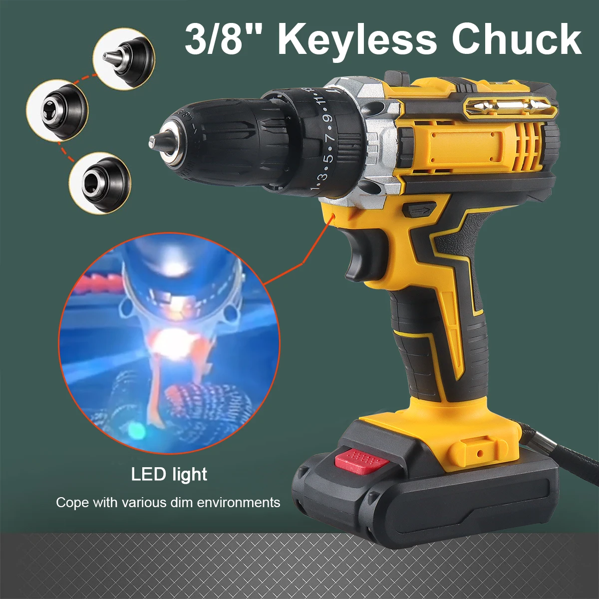 Description Picture 6 of itemDrill Driver 21V,1.3AH Battery, Hammer Drill with 28 N.m Max, 25+3 Position, 2 Variable Speed, 3/8'' Keyless Chuck, Fast Charger