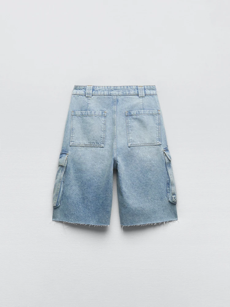 Description Picture 5 of itemRR2745 Mid Length Cargo Bermuda Shorts Women Denim Summer Cargo Pants Women Frayed Hems Capris Side Patch Pockets Knee Length