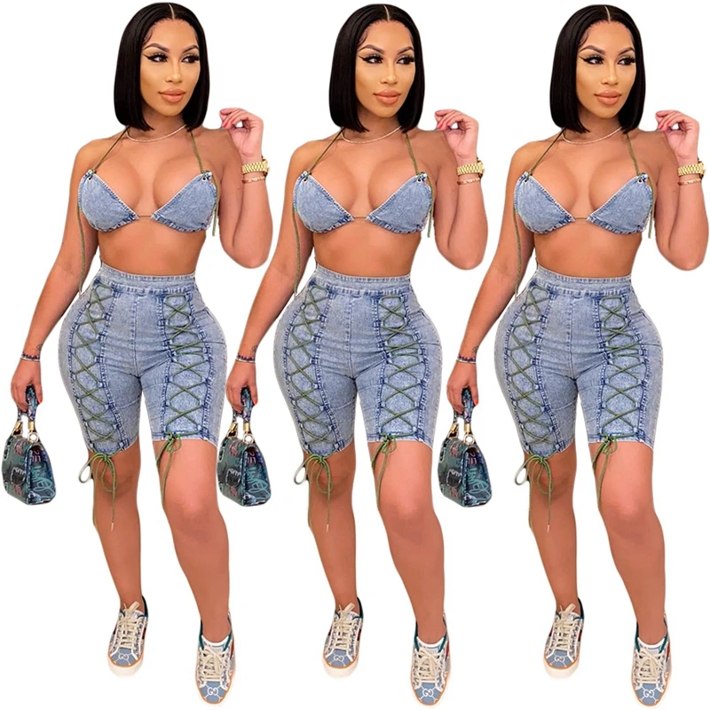 Description Picture 6 of itemDenim Sexy Two Piece Sets Club Outfits for Women Festival Clothing Summer Co Ord Lace Up Jeans Shorts Set 2 Piece Matching Sets