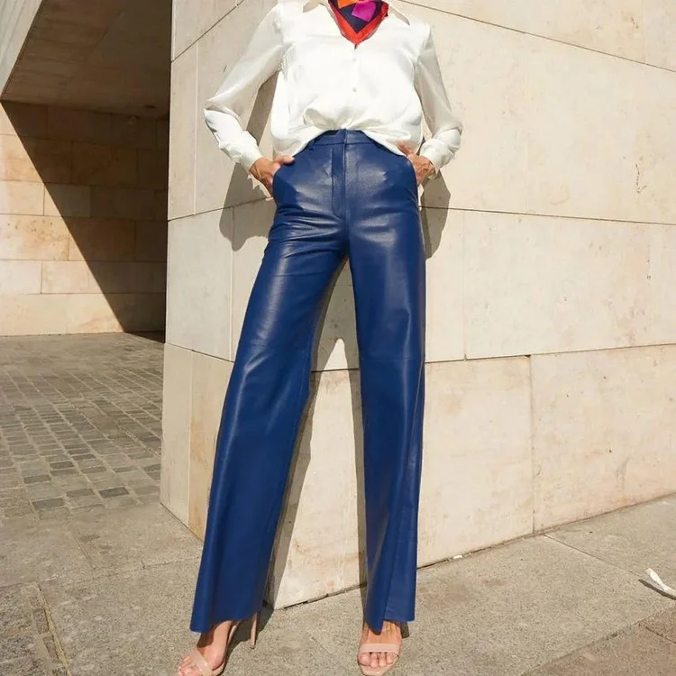 Description Picture 3 of itemFashion Blue Pu Leather Women'S Pants Elegant Slim High Waist Straight Trousers Streetwear Pantalones Female Clothing