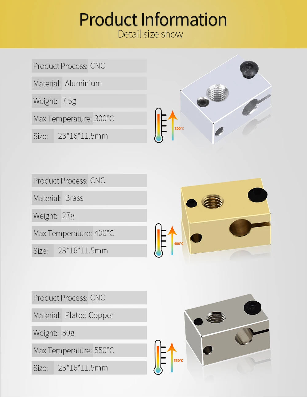 Description Picture 3 of itemV6 Heater Block Aluminium Brass Copper Plated Heating Blocks For E3D V6 PT100 J-head Hotend Heaterblock 3D Printer Parts