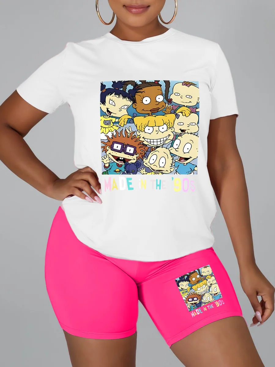 Description Picture 4 of itemHLJ Fashion Street Style Women Round Neck Short Sleeve Top And Biker Shorts Two Piece Sets Casual Pattern Pirnting 2pcs Outfits