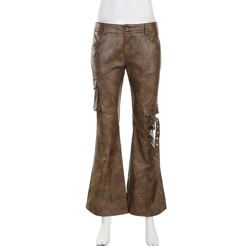 Weekeep Vintage Brown Leather Pants Grunge 2000s Low Rise Pockets Patchwork Baggy PU Cargo Pants Women y2k Streetwear Trousers