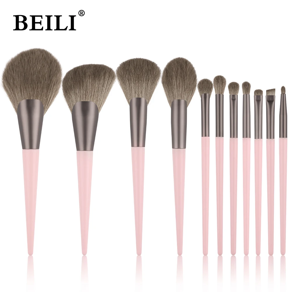 BEILI Pink 11 pcs Makeup Brushes Foundation Highlight Blending Powder Eyeshadow Brushes for Face Make up Cosmetics Brush Set