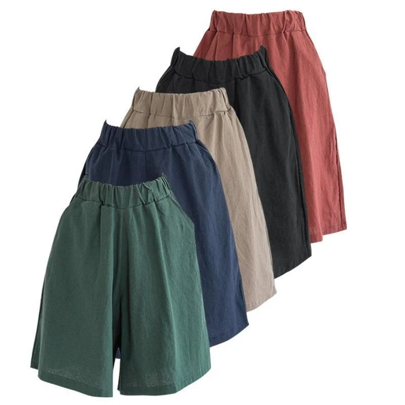 Women's Clothing Summer 2023 Cotton and Linen Casual Shorts Plus Large Size Elastic Waist Five-point Wide-leg Pants